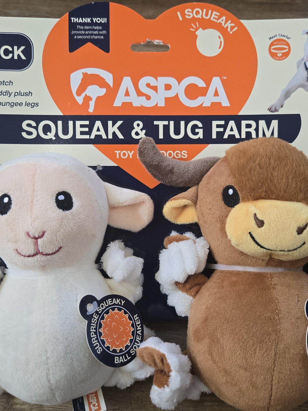 ASPCA Squeak & Tug Farm Plush Dog Toys - White Lamb & Brown Bull